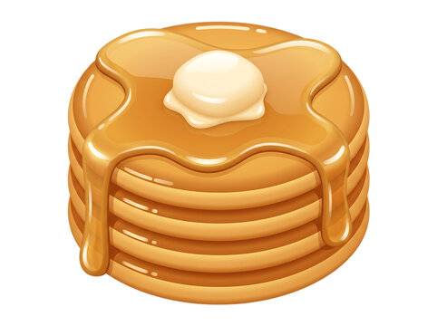 Stack of fresh pancakes with butter and maple syrup on white