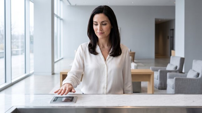 Composed visitor scanning her palm on a secure biometric terminal in a modern glass office lobby