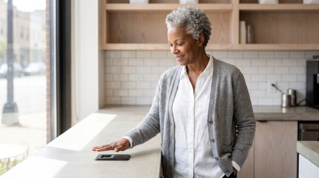 Confident senior woman unlocking secure access with a palm scanner on a kitchen counter at home