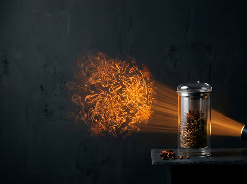 Tarro de cristal con an&iacute;s estrellado y clavo de olor bajo un rayo de luz que proyecta siluetas sobre fondo oscuro, mockup gastron&oacute;mico con espacio de copia