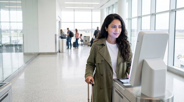 Efficient traveler using a facial recognition kiosk at an airport security gate with her luggage