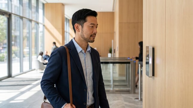 Punctual employee approaching a facial recognition panel beside security turnstiles in a lobby
