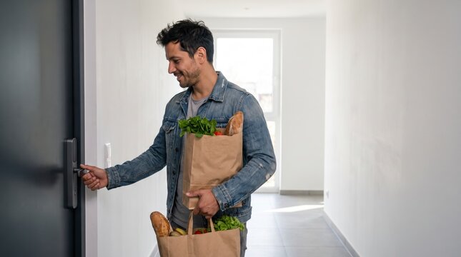 Busy shopper carrying grocery bags unlocks his apartment door with a fingerprint smart lock