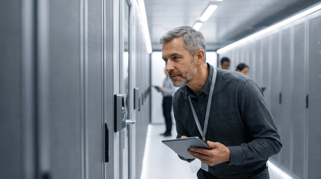Vigilant security technician inspecting a biometric access lock in a data center server corridor