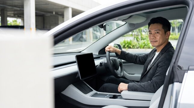 Self assured driver seated inside an electric car with a touchscreen dashboard looking at the camera