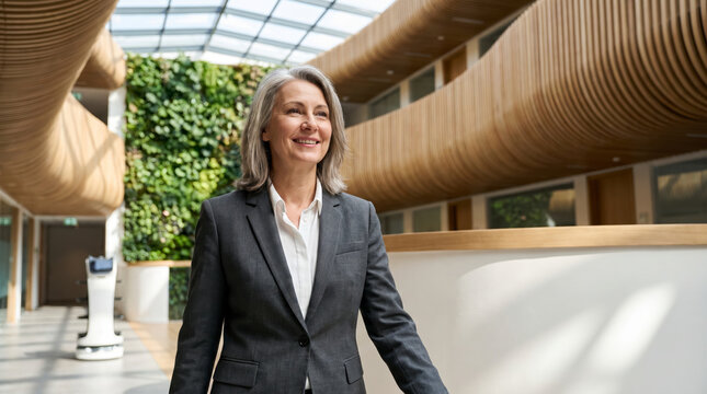 Forward thinking director walking through a green atrium with curved timber and a service robot