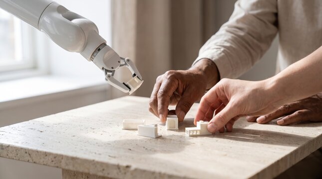Human hands and a robotic arm arranging white architectural model blocks on a stone table