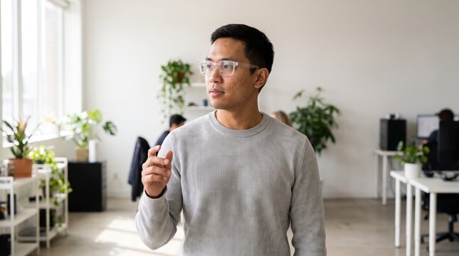 Curious employee in clear framed glasses gesturing toward an unseen interface in a green office