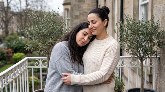 Consoling woman embracing a loved one on a balcony with potted olive trees, comfort and solace