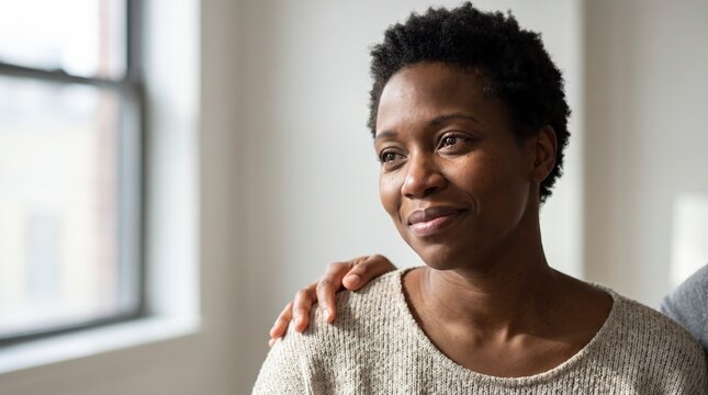 Hopeful woman gazing toward a window with a reassuring hand on her shoulder, resilience and support