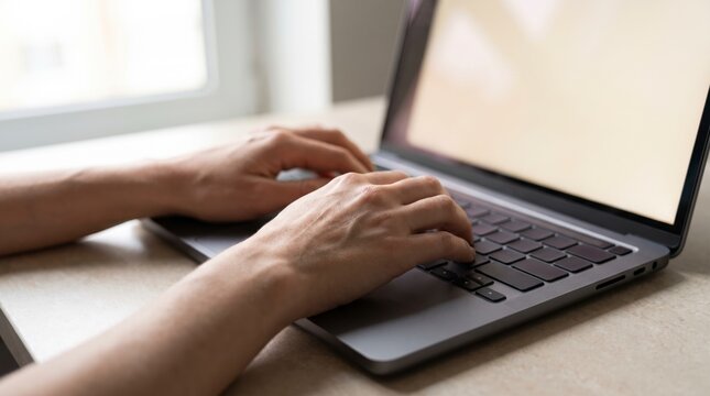 Skilled hands typing on a laptop keyboard beside a window, focused remote work closeup