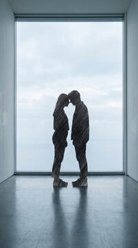 Silhouetted couple touching foreheads before a large window, intimate bond and connection concept