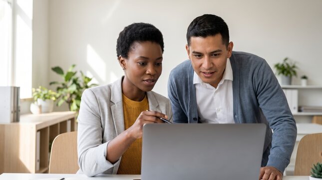 Collaborative colleagues reviewing work together on a shared laptop screen in a modern open office
