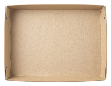 Open shallow cardboard box viewed from above on transparent background