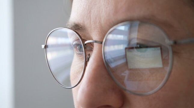 Closeup of round eyeglasses reflecting a laptop screen, intense screen focus and digital eye strain