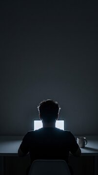 Silhouetted night owl coding at a glowing laptop in a dark room, late night deadline concept