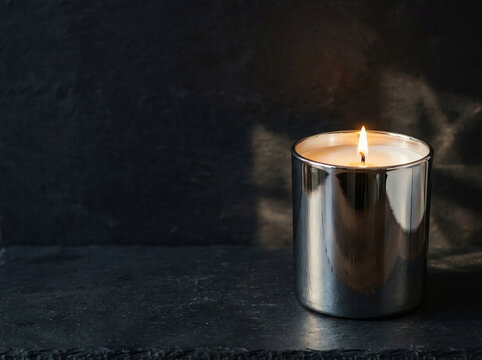 Vela arom&aacute;tica encendida en vaso de cromo plateado bajo rayos de luz solar y humo sutil sobre fondo oscuro, mockup de spa de lujo y espacio de copia