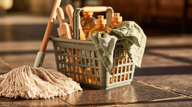 A photorealistic cleaning caddy with amber bottles, sage cloths, and wooden brushes rests on a tiled floor in golden sunlight. Warm earthy tones evoke sustainable, sophisticated home care.