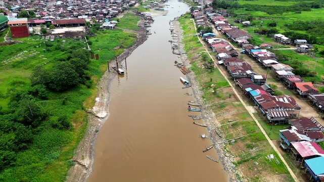 Panoramic aerial view of the traditional riverside district of Belen in Iquitos, showing characteristic stilt houses (palafitos) along the banks of the Itaya River in the Peruvian Amazon.