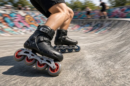 Inline skates close up on a concrete skatepark bowl, rollerblading action with graffiti walls
