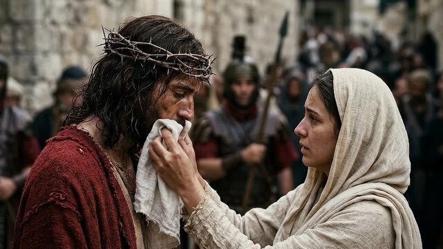 Veronica Gently Wiping the Bloodied Face of Jesus Christ Wearing a Crown of Thorns, Emotional Christian Passion Scene of Compassion, Suffering, Mercy, Faith, Sacrifice, Holy Week and Devotion