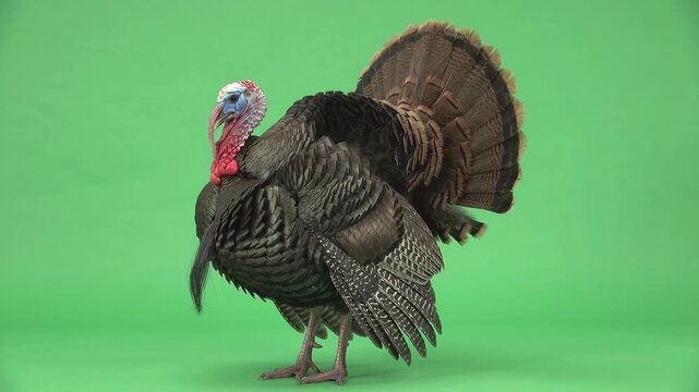 Wild Turkey rhythmic, and imposing strut in place with a fully fanned tail, puffed-out chest and body feathers, and jerky, inquisitive head-thrusts.