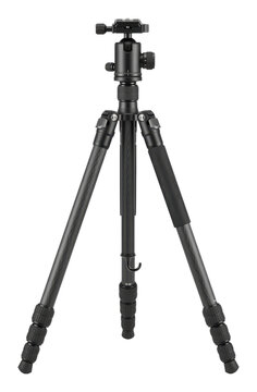 Camera tripod with ball head standing open on transparent background
