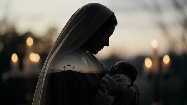 Virgin Mary Cradling the Newborn Baby Jesus in a Tender Silhouette With Three Crosses in the Distance, Symbolic Christian Scene Linking Nativity, Motherhood, Sacrifice, Love, Faith and Redemption