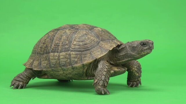 Wood Turtle Extremely slow, deliberate crawl in place with a heavily textured, sculpted carapace, cautious head extensions, and heavy, scaly foot placements.