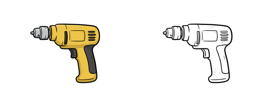 Power drill illustration cartoons in yellow and gray colors representing electric hand tool for drilling holes and driving screws in construction
