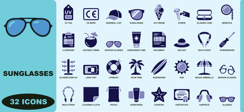 A collection of thirty-two blue depicting sunglasses, eyewear accessories, beach and protective gear for optical retail, summer fashion, and vacation-themed visual projects