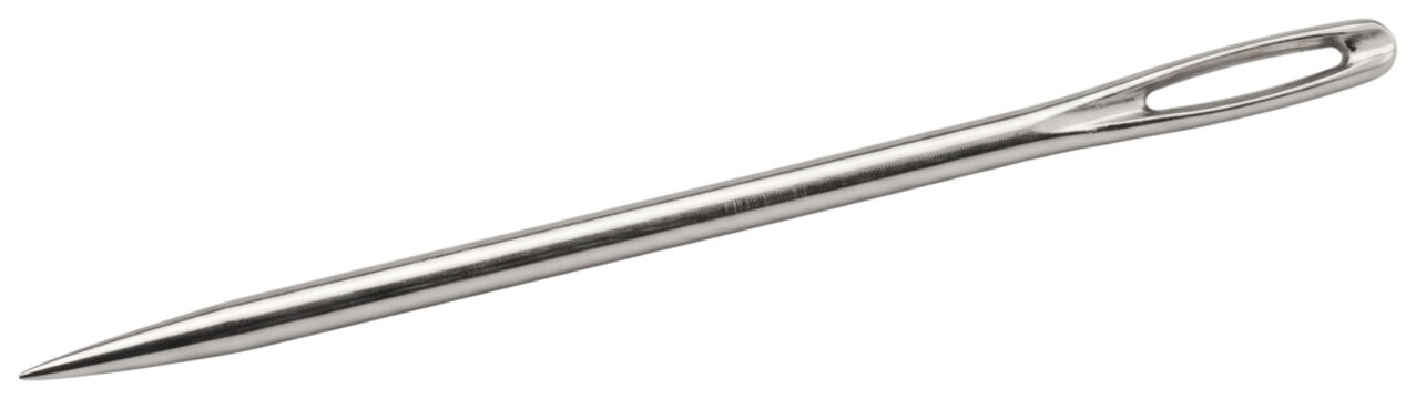 Large sewing needle with elongated eye on transparent background