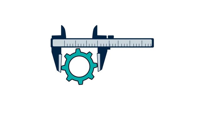 Caliper Measuring A Teal Gear On A White Background. Flat 2D Animation. Precision Measurement, Mechanical Engineering, Manufacturing Inspection, And Quality Control Concepts