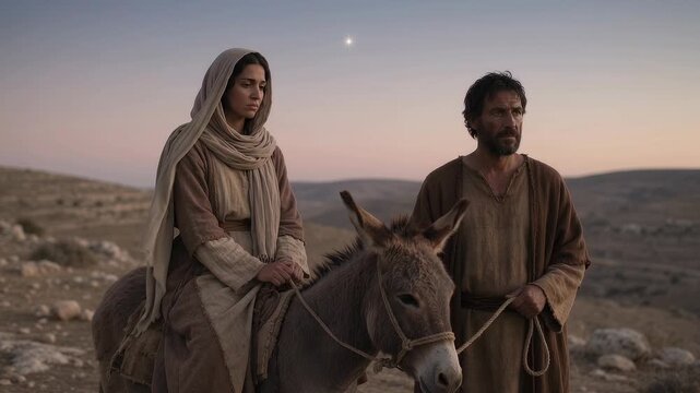Joseph and Pregnant Mary Traveling by Donkey Toward Bethlehem at Dusk, Biblical Nativity Journey Scene of Christmas, Faith, Hope, Family, Devotion, Humility, Expectation and Sacred Destiny
