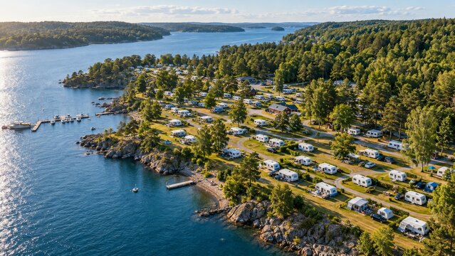Aerial view of a busy waterfront campground bordered by blue water and forest