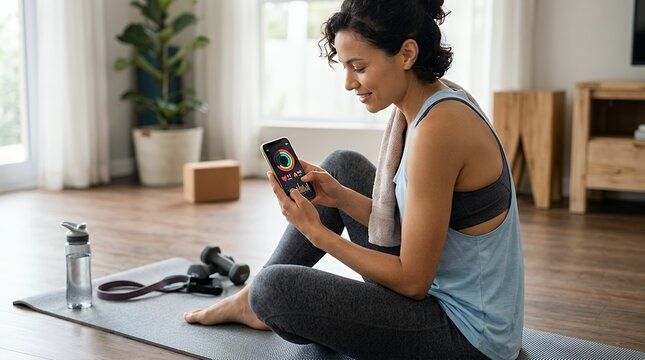 Relaxed athletic woman sitting on fitness mat checking mobile smartphone application for biometric health metrics heart rate and calorie performance data after completing an indoor home workout