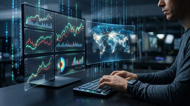 Futuristic stock market trading concept with financial data charts computer keyboard and glowing digital binary code stream for online investment analytics and global business economy insights stock