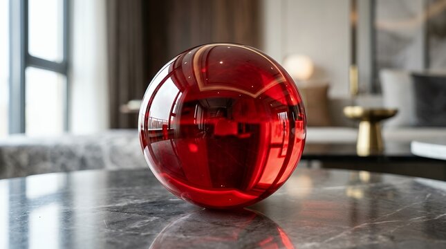 Glossy realistic 3D red glass orb sphere with shiny metallic reflections bright light highlight and soft bottom shadow representing luxury abstract modern decorative crystal ball ornament