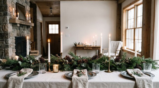 Scandinavian Christmas dinner table with candles, evergreen garland and pewter plates
