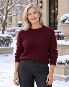 Elegant Mature Blonde Woman Wearing Burgundy Winter Sweater