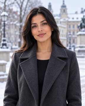 Elegant Brunette Woman Wearing Charcoal Winter Wool Coat