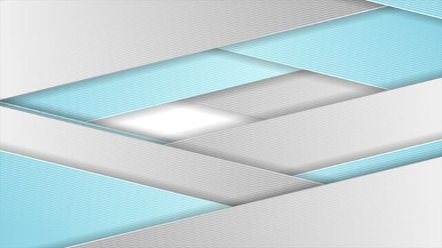 Layered pale blue, white and gray diagonal bands with fine parallel line details and soft shadows. Corporate abstract motion background. Seamless loop. Video animation Ultra HD 4K 3840x2160