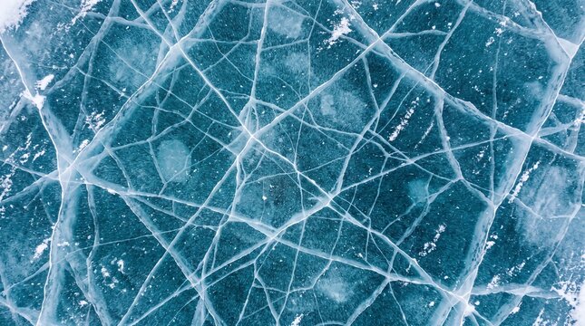 Aerial view of frozen lake with cracked ice patterns in turquoise and deep blue