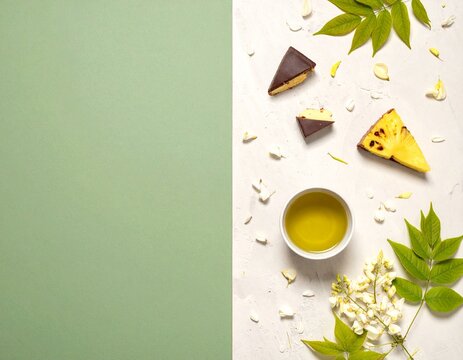 緑と白の背景に日本茶とパイナップルケーキを配置したフラットレイの和モダンテーブルフォト