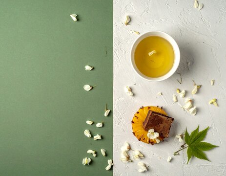 緑と白の背景に日本茶とパイナップルケーキを配置したフラットレイの和モダンテーブルフォト