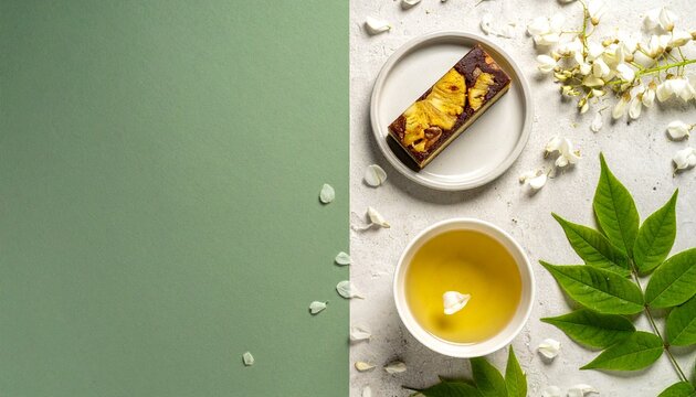 緑と白の背景に日本茶とパイナップルケーキを配置したフラットレイの和モダンテーブルフォト