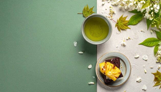 緑と白の背景に日本茶とパイナップルケーキを配置したフラットレイの和モダンテーブルフォト