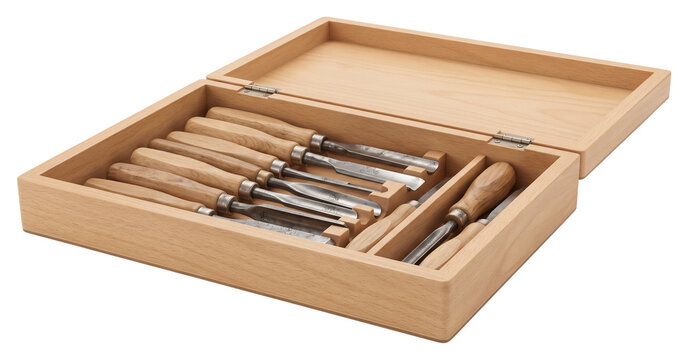 Open wooden box of chisels on transparent background