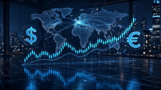 Global digital financial market data analysis with currency symbols and holographic stock chart over futuristic city background representing international economy and trade