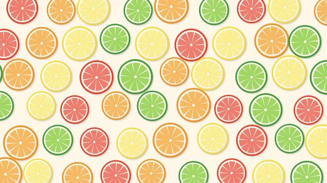 Colorful lime, lemon, orange and blood orange slices spinning on cream paper, fresh summer citrus background loop